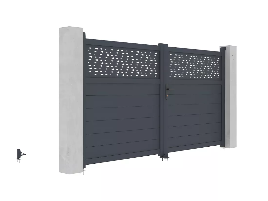 Portail électrique battant aluminium semi plein à motifs L305 x H166 cm anthracite - BAZIO