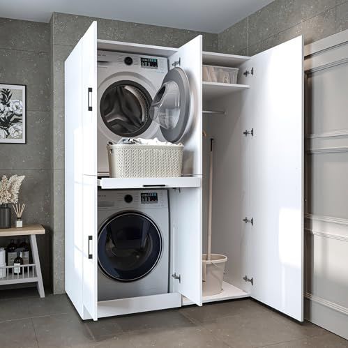 ROOMART - Wasmachinekast Dora - Wit - 130 cm breed - Voor Droger en Wasmachine