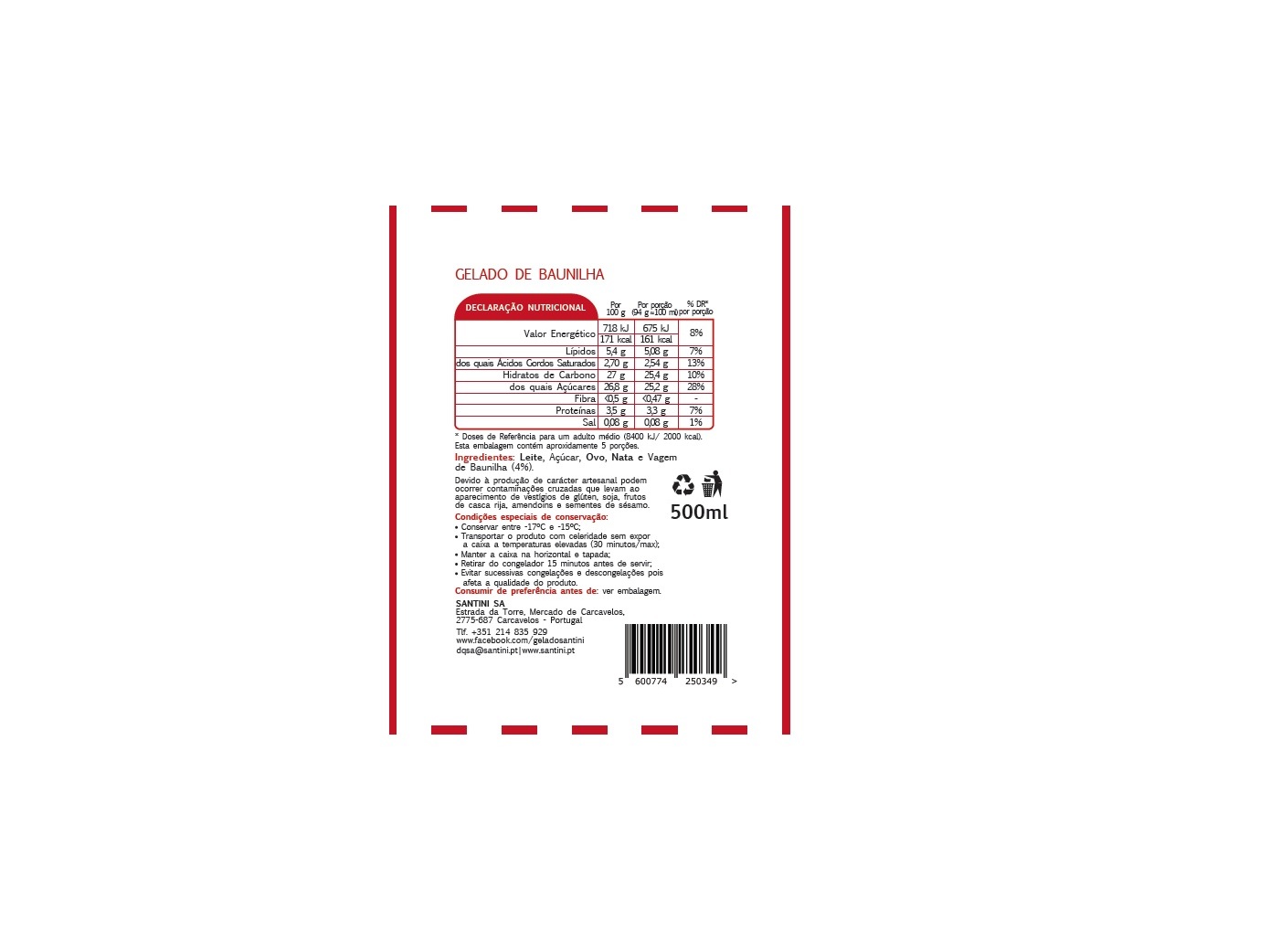 GELADO SANTINI BAUNILHA 500 ML