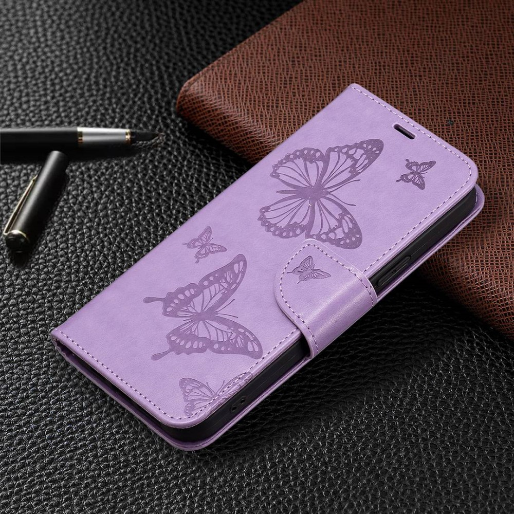Samsung Galaxy S23 5G Leder Tasche mit Kartenfach   Handschlaufe Schmetterling - Lila