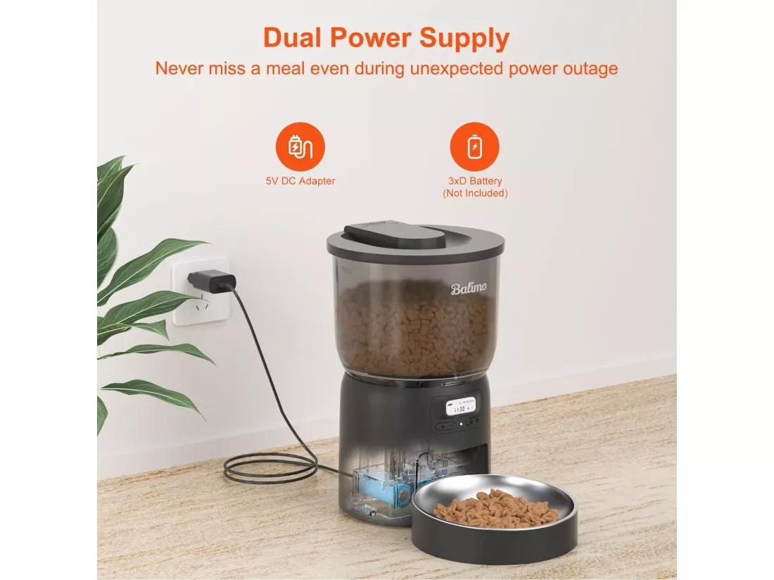 Balimo Dick 3L Distributeur Croquettes Chat Automatique,Minuterie Programmable/Fonction Enregistrement,avec Bol en Inox,Jusqu'à 6 Repas/Jour (Noir)