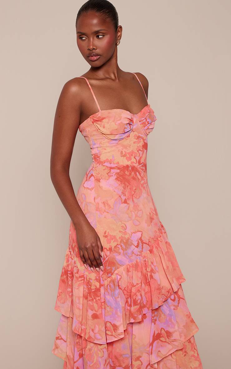 Orange Robe Longue À Imprimé Floral Avec Ourlet À Volants
