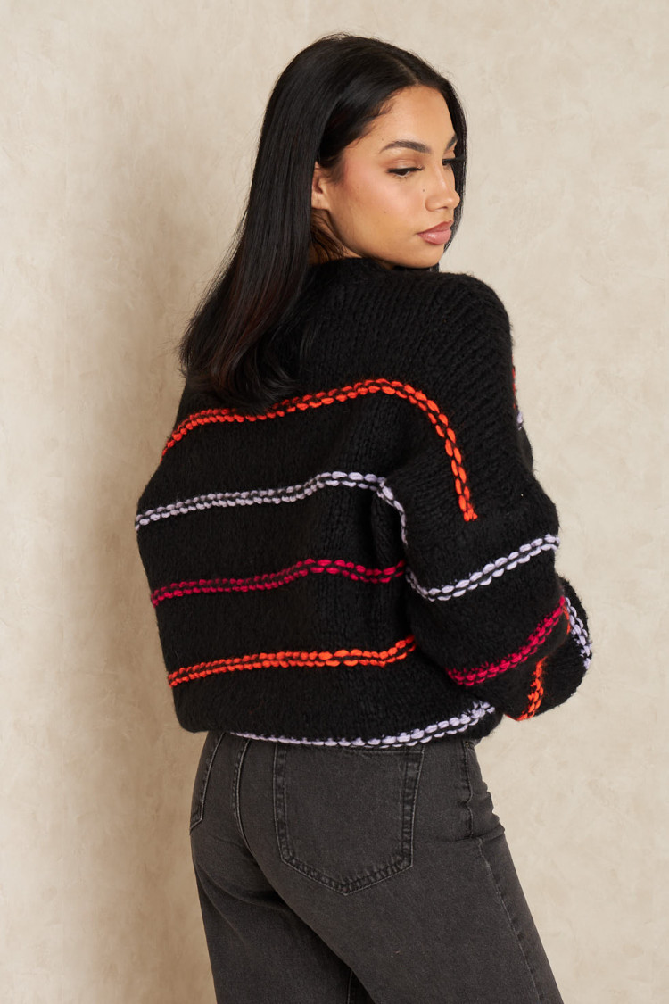 Pull noir à rayures multicolore