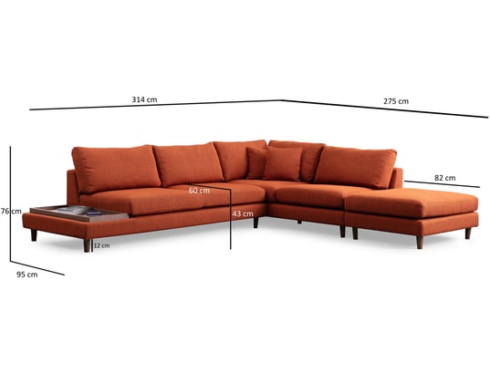 CONCEPT1 - Canapé tissu Tulip angle droit avec pouf orange 314 x 95 x h76
