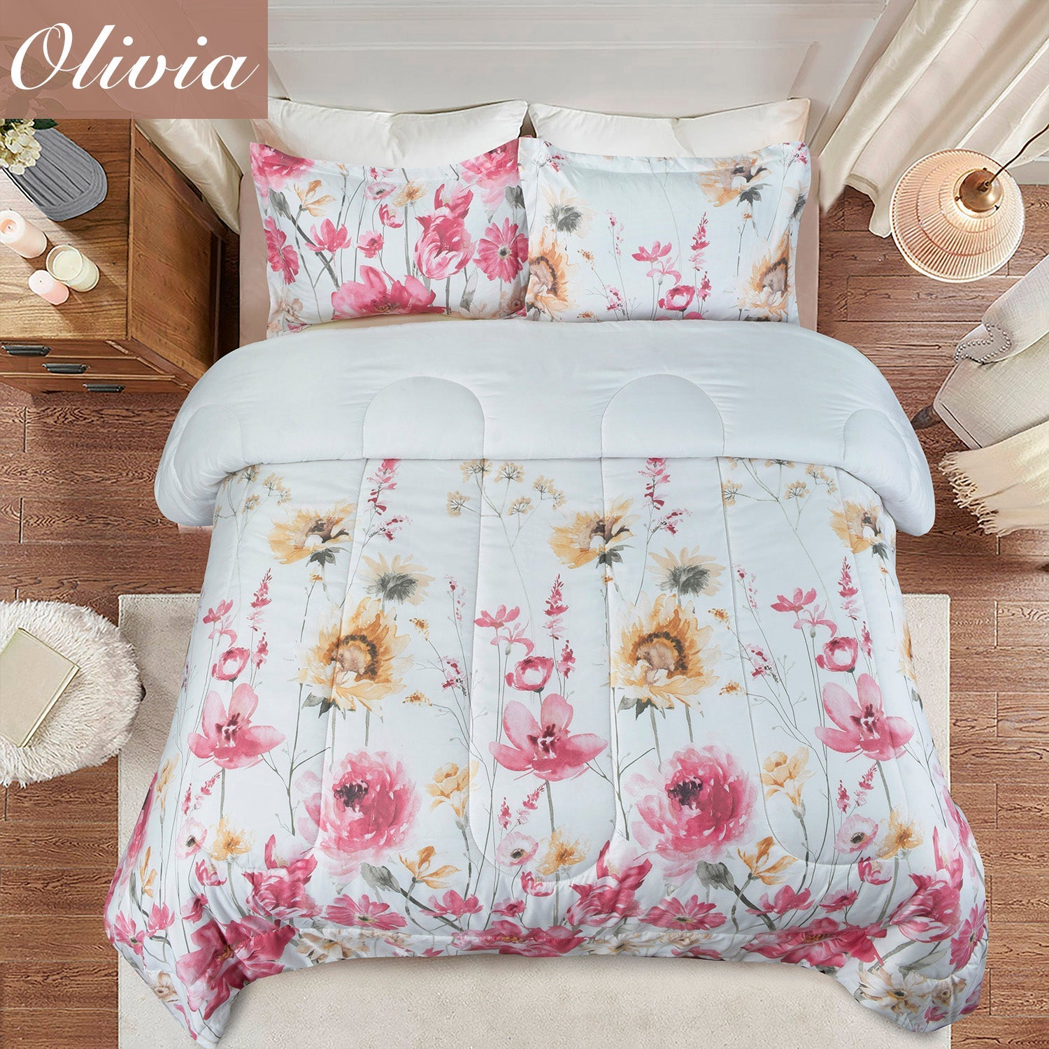 HIG 3 Piece Bohemian Floral Print Comforter Set for Queen King Bed, Pastoral Style Lightweight Duvet Set for Bedroom Decor