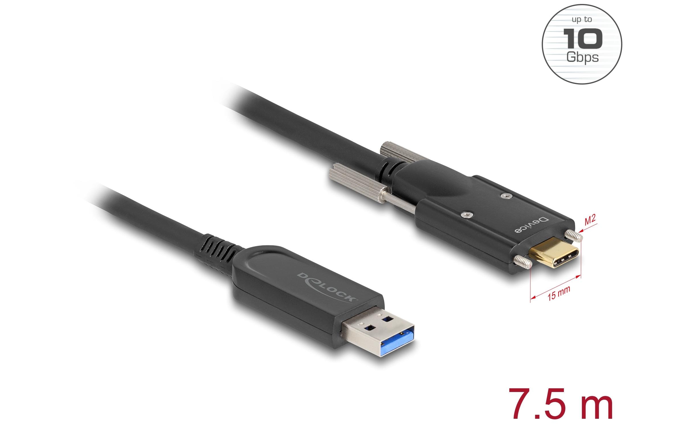AOC USB Kabel 10 Gbps USB Type-A - USB Type-C, 7.5 m<br>Aktives Optisches Kabel 10 Gbps 3.1 USB-A zu USB-C mit Schrauben seitlich Schwarz