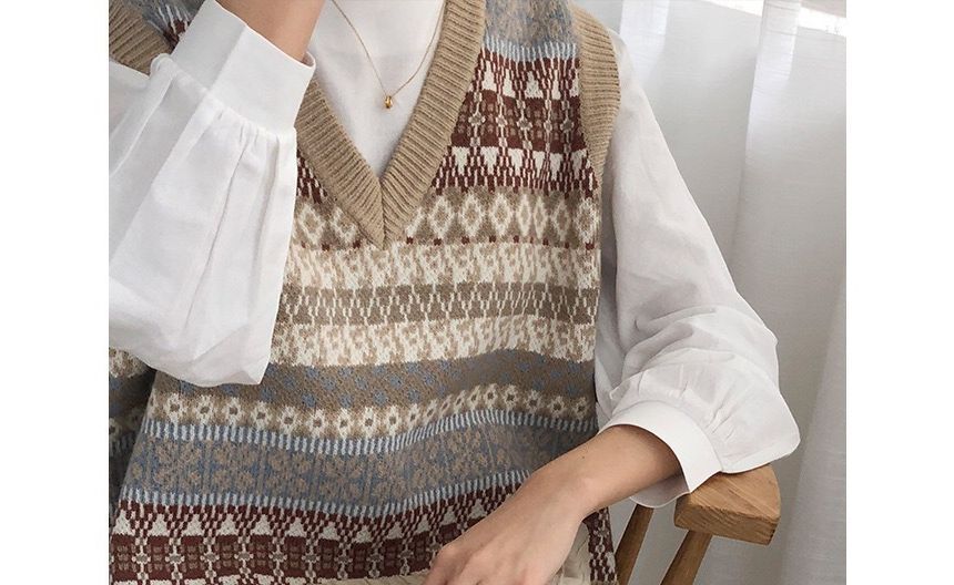 FR - V-hals geometrisch patroon trui vest