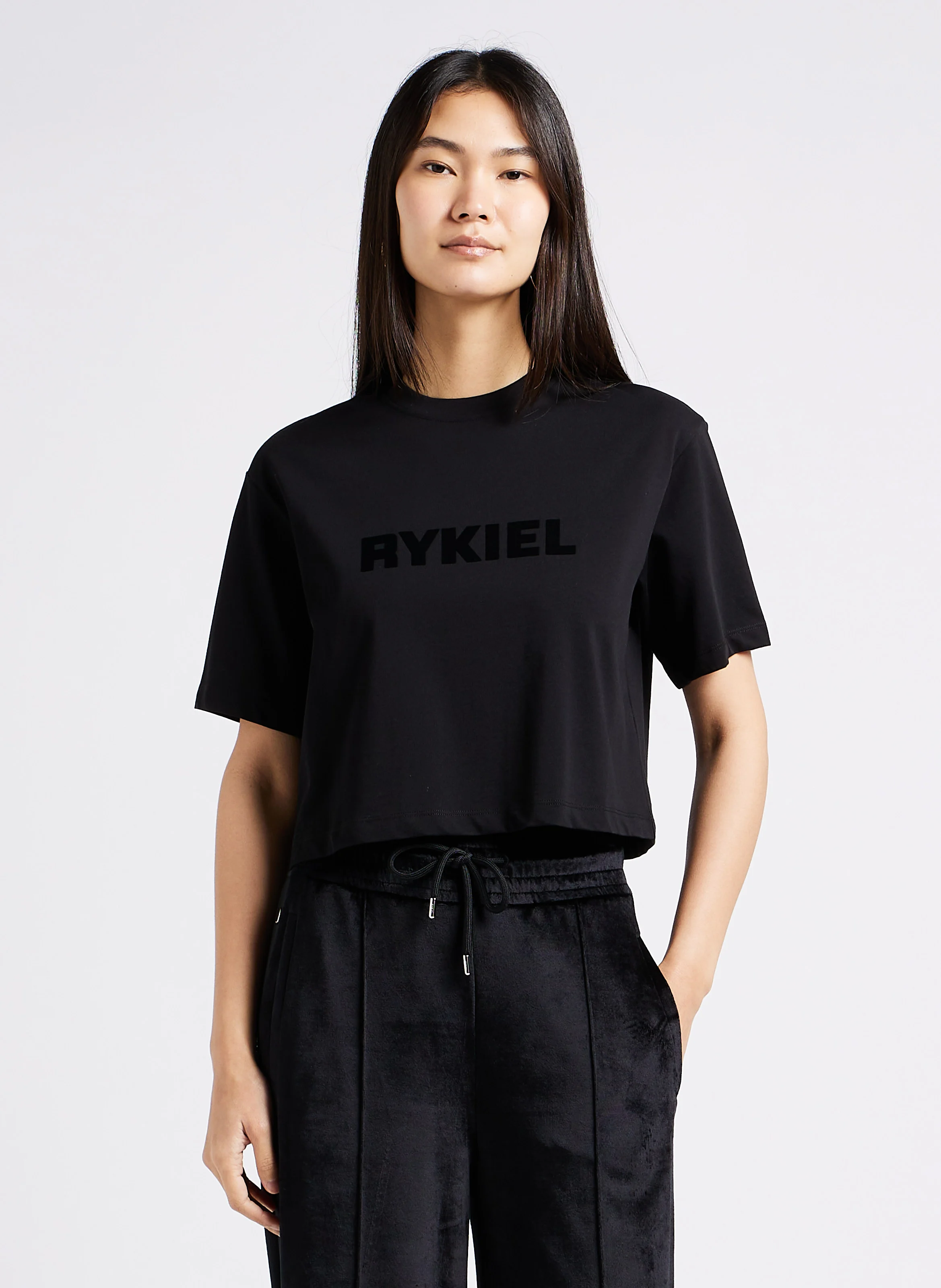 Tee-shirt court col rond droit en coton | Noir