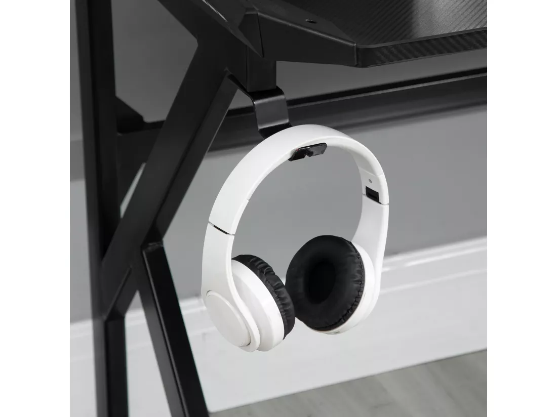 Bureau gaming bureau gamer bureau informatique support casque porte-gobelet passe-câbles inclus métal MDF texture fibre carbone noir