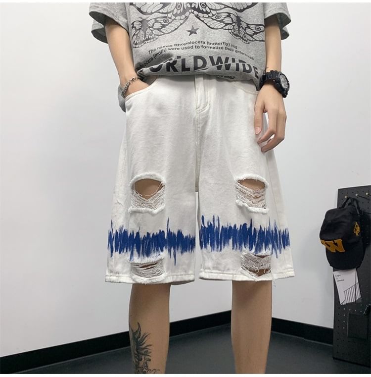 Hushgrain - Mid Rise Print Distressed Washed Denim Shorts
