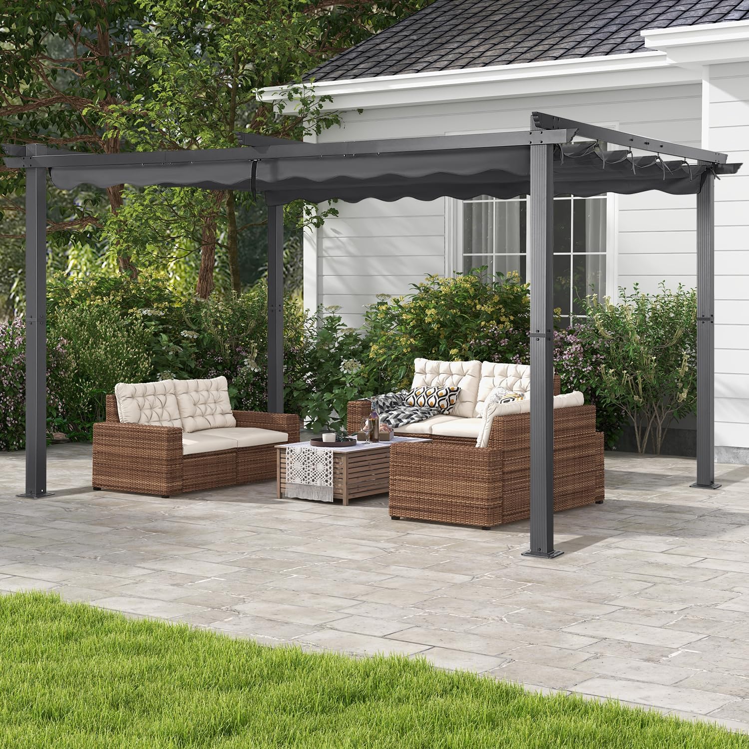 Angel Living Garten Pergola 3 x 4 m Pavillon Gartenpavillon aus Aluminium in anthrazit, Dachrohre aus Stahl, Verstellbares Dach aus Polyester Grau