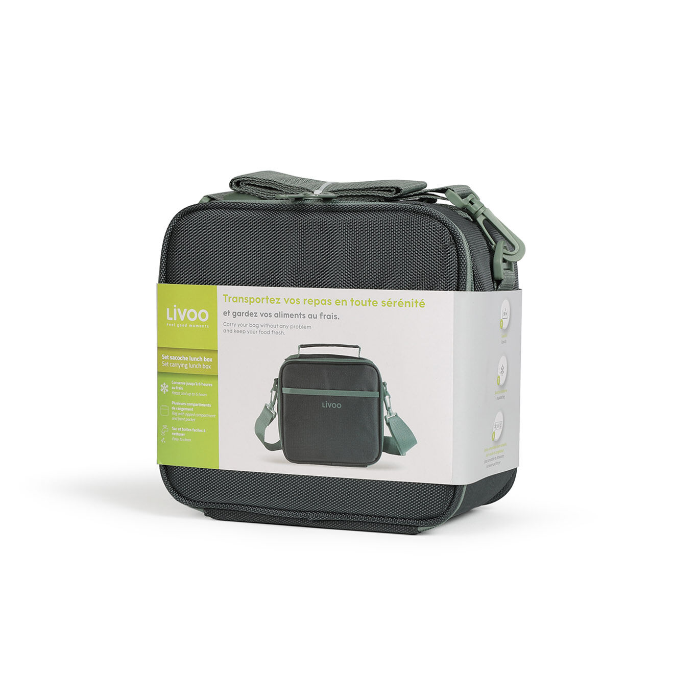 Livoo Set sacoche lunch box gris/vert - 22x11x19.5 cm