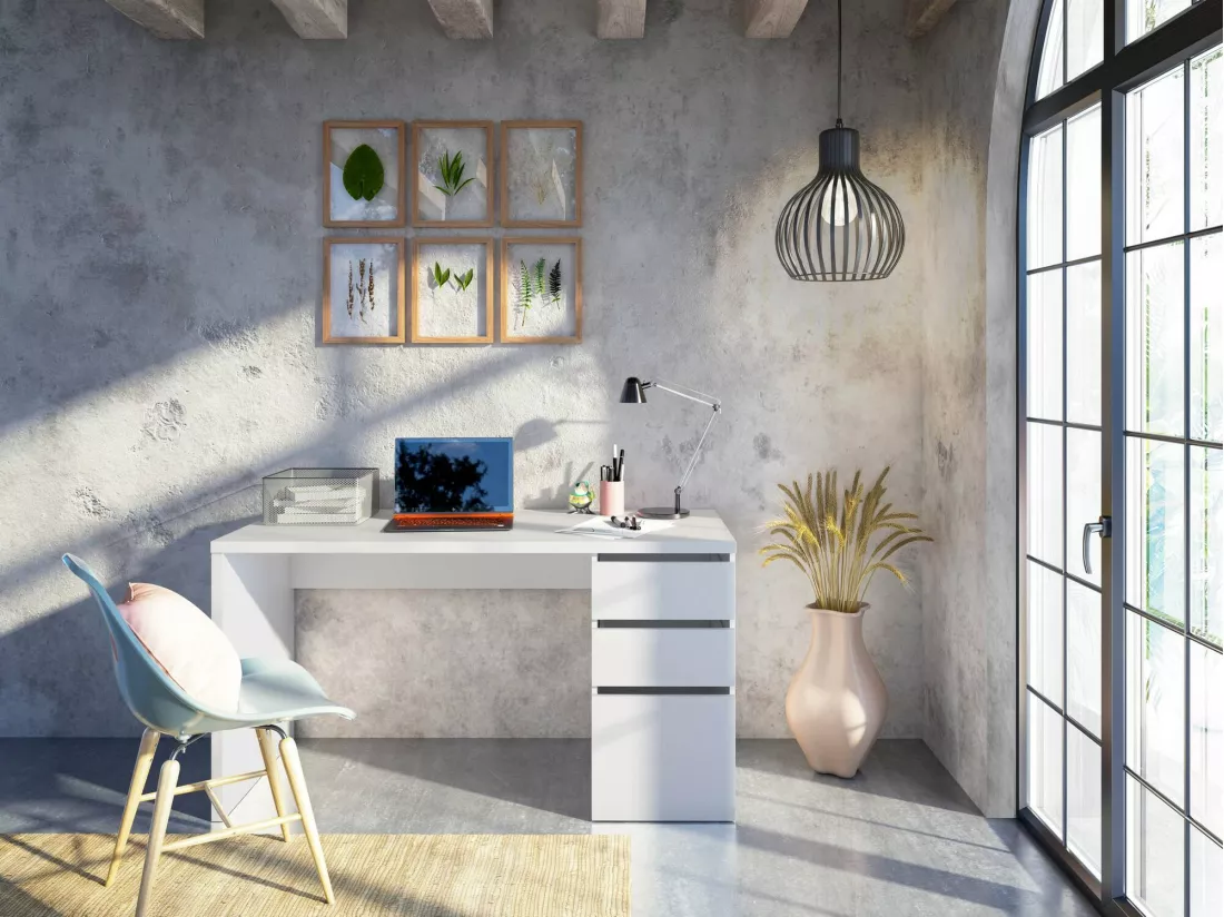 Bureau Dmallam, Bureau réversible avec 3 tiroirs, Table de bureau multi-positions gain de place, 138x60h74 cm, Blanc
