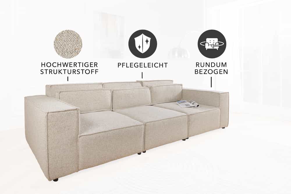 Design Big Sofa BOSSA NOVA 260cm beige Strukturstoff 3-Sitzer XXL-Couch