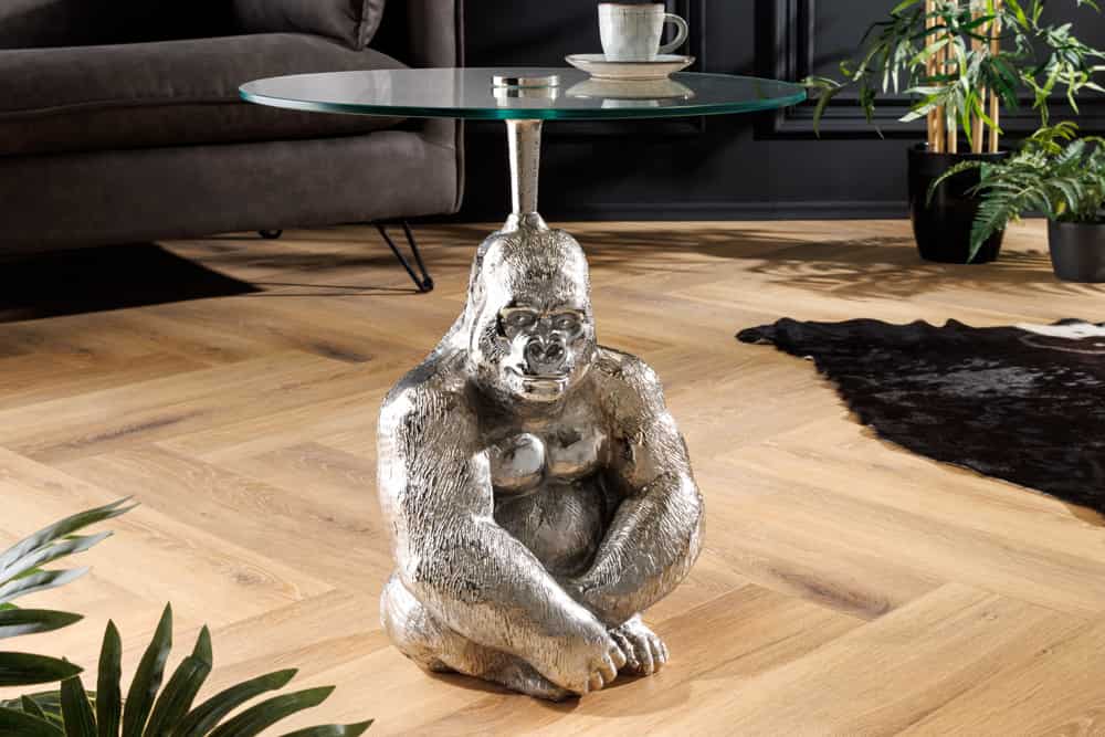 Runder Beistelltisch KONG 50cm silber Metall Glas Affenfigur Gorilla Skulptur