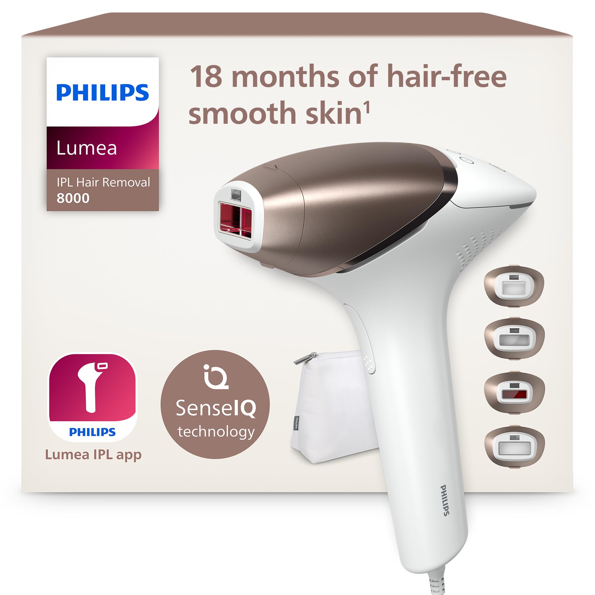 Philips Lumea série 8000, Épilateur à lumière pulsée, alternative à l'épilation laser, technologie SenseIQ, 4 accessoires pour le corps, le visage, le