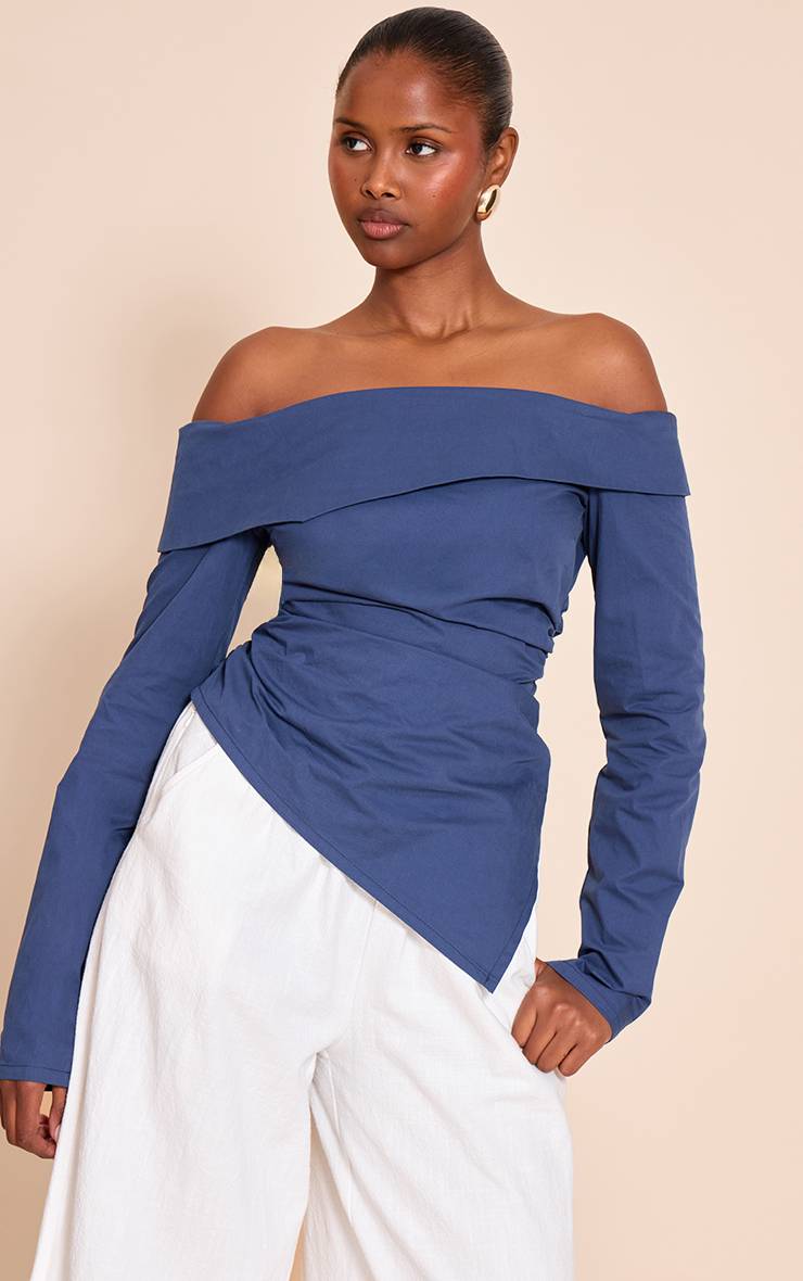 Bleu Marine Haut Bardot En Coton Froncé À Ourlet Asymétrique