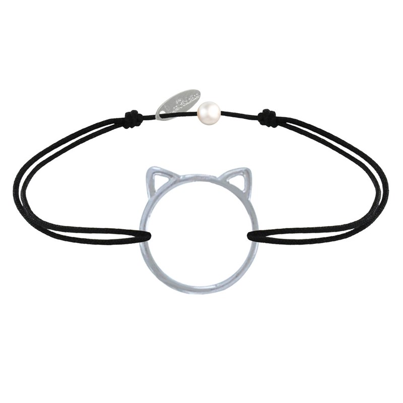 Bracelet Lien Médaille Argent Tête de Chat Ajouré - Noir