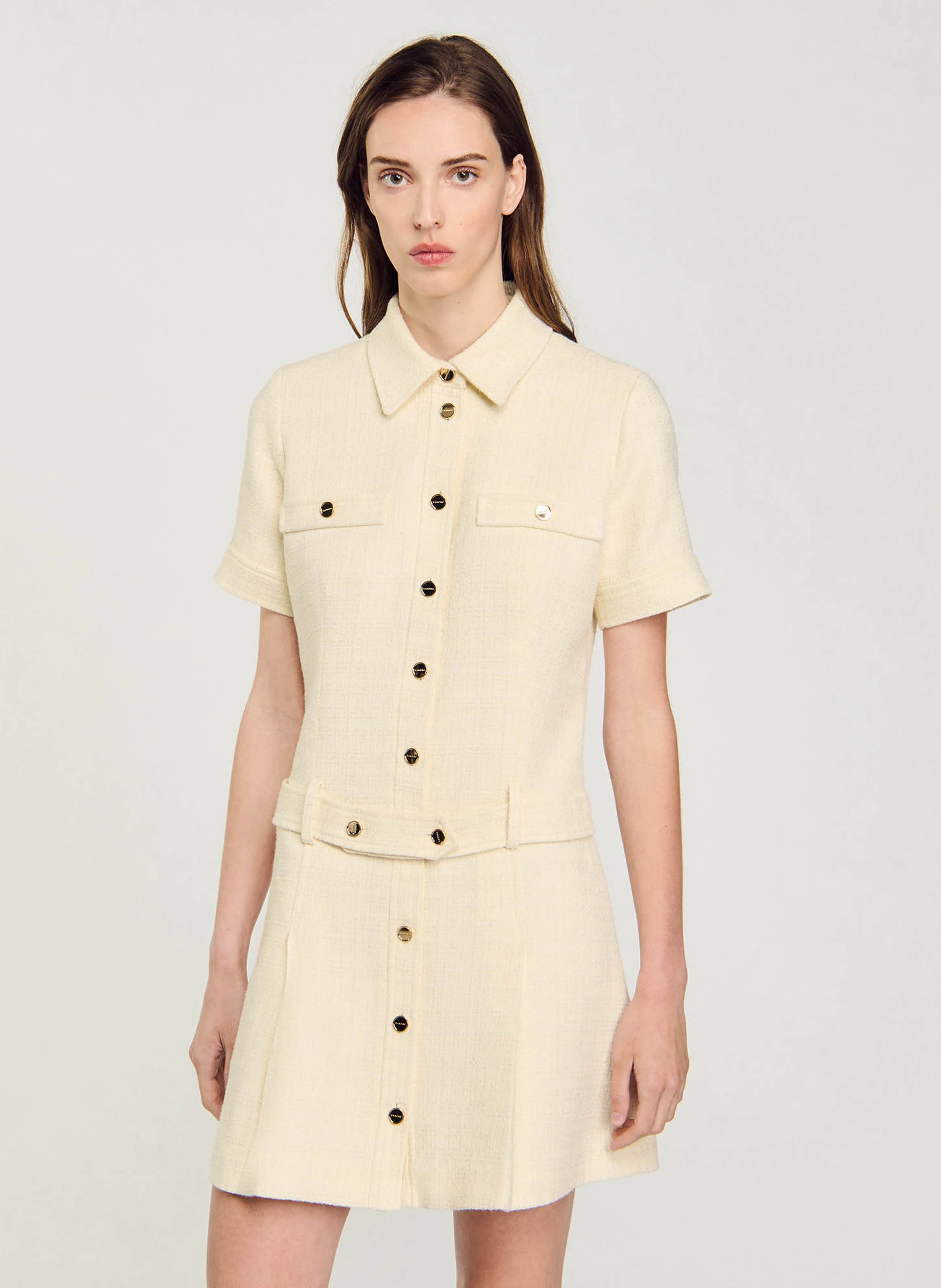 Robe courte col chemise en tweed | Blanc
