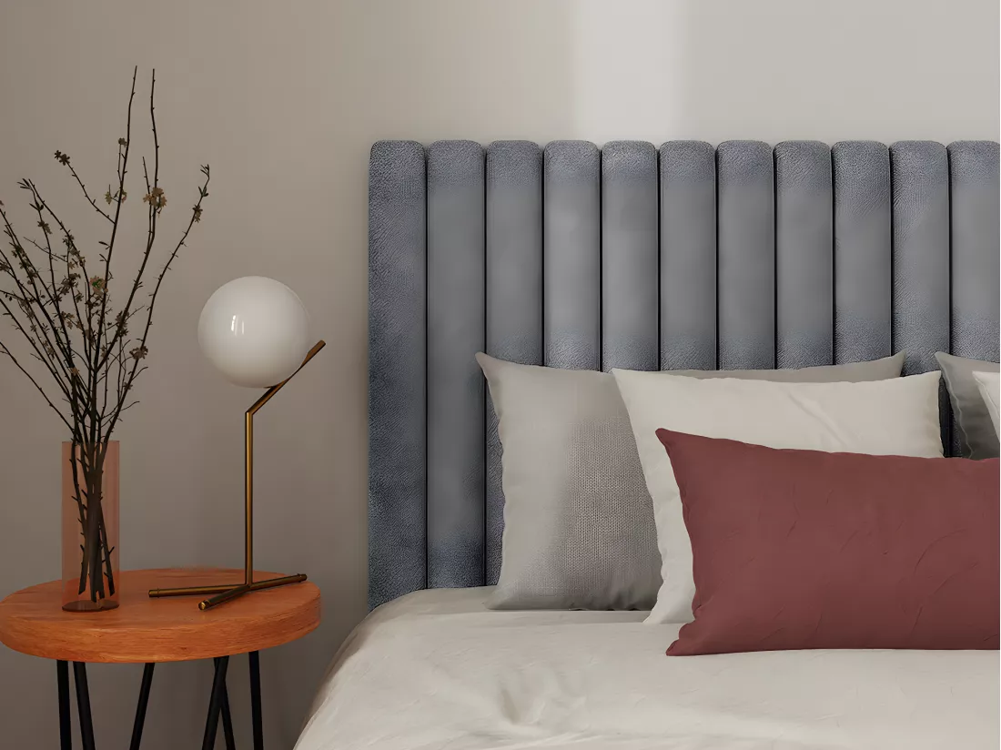 Lit coffre 140 x 190 cm avec tête de lit coutures verticales - Tissu - Gris + Matelas - SARAH