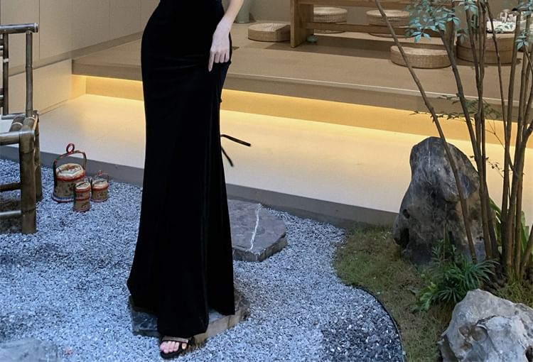 JIYON - Off-shoulder tweekleurige zeemeerminjurk met volantversiering en fluweel