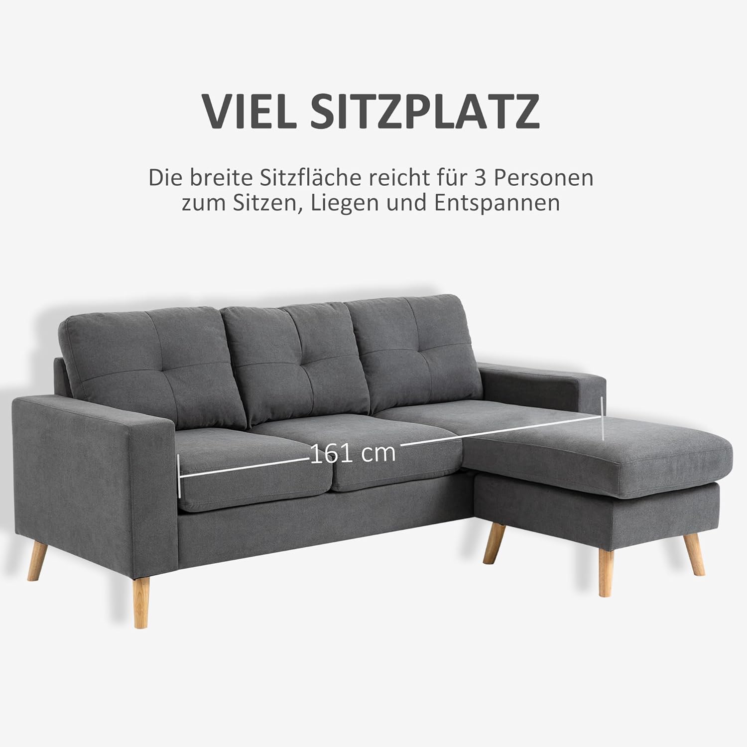 HOMCOM Ecksofa L-Form Sofa mit 3 Kissen, Eckcouch mit Knopfheftung, Leinenoptik, Veränderbare Chaiselounge Couch Wohnlandschaft für Wohnzimmer, Schlafzimmer 193 x 136 x 85 cm Dunkelgrau