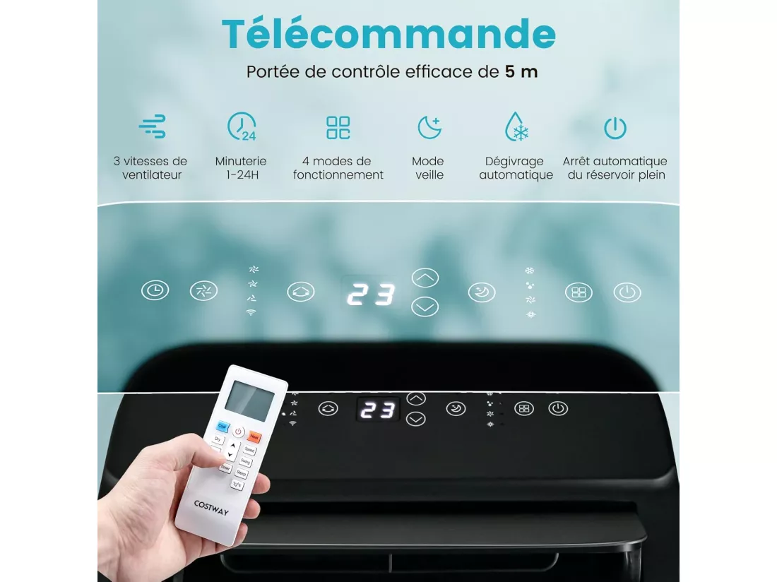 Climatiseur Mobile Silencieux 4 en 1 - 14000BTU [Classe Energétique A] avec Chauffage Ventilateur Déshumidificateur Rafraîchisseur Mode Nuit