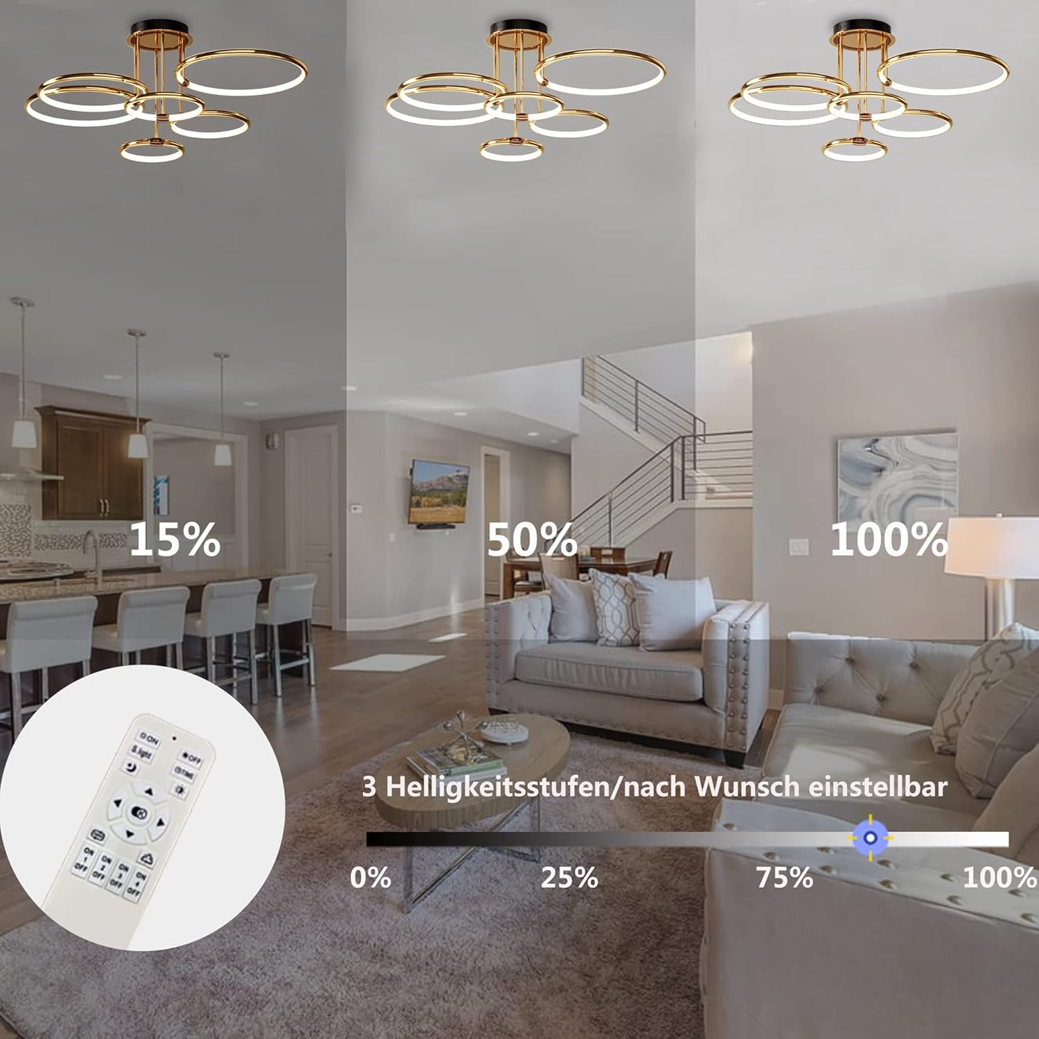 LED Deckenleuchte Modern Design Deckenlampen Gold 6-Ring Lampen Dimmbar Wohnzimmerlampe mit Fernbedienung, Aluminium Led Beleuchtung für Wohnzimmer Schlafzimmer Küche Esszimmer Büro 104cm, 140W…