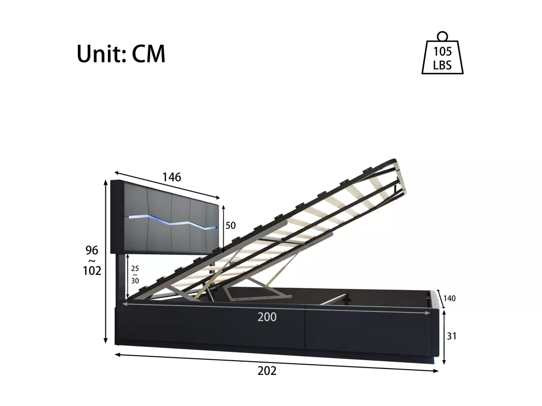 Lit coffre 140 x 200 cm avec éclairage LED et charge USB - hydraulique - Lit 2 Personnes - PU - Noir