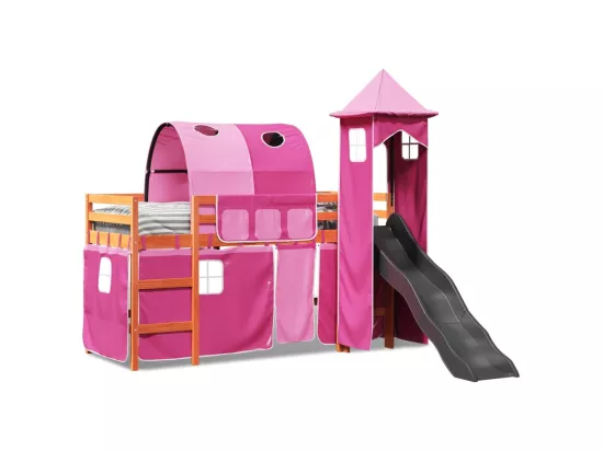 Lit mezzanine enfants avec tour rose 80x200cm bois pin massif
