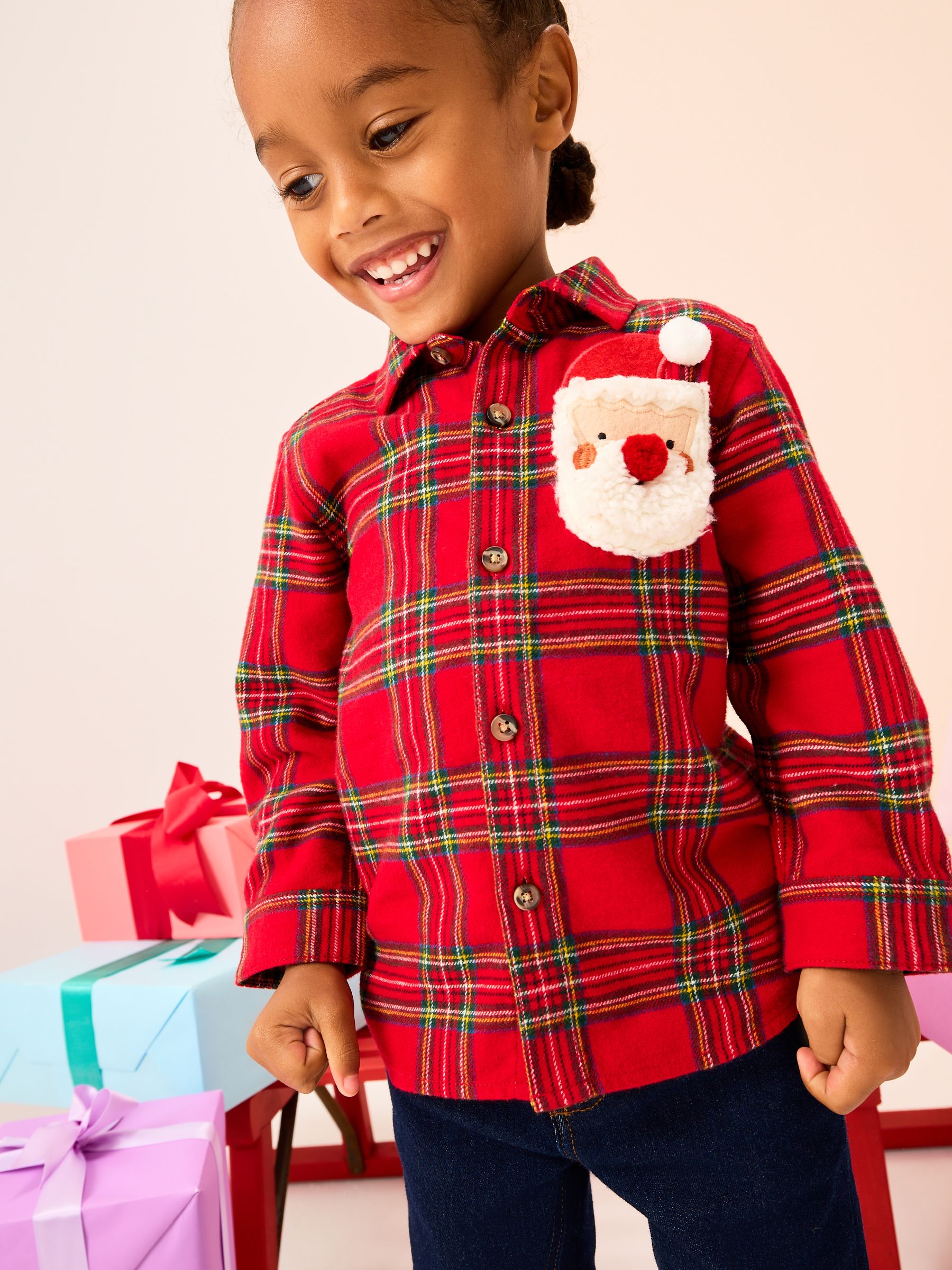Rood met Schotse ruit - Long Sleeve Christmas Check Character Shirt (3mths-10yrs)