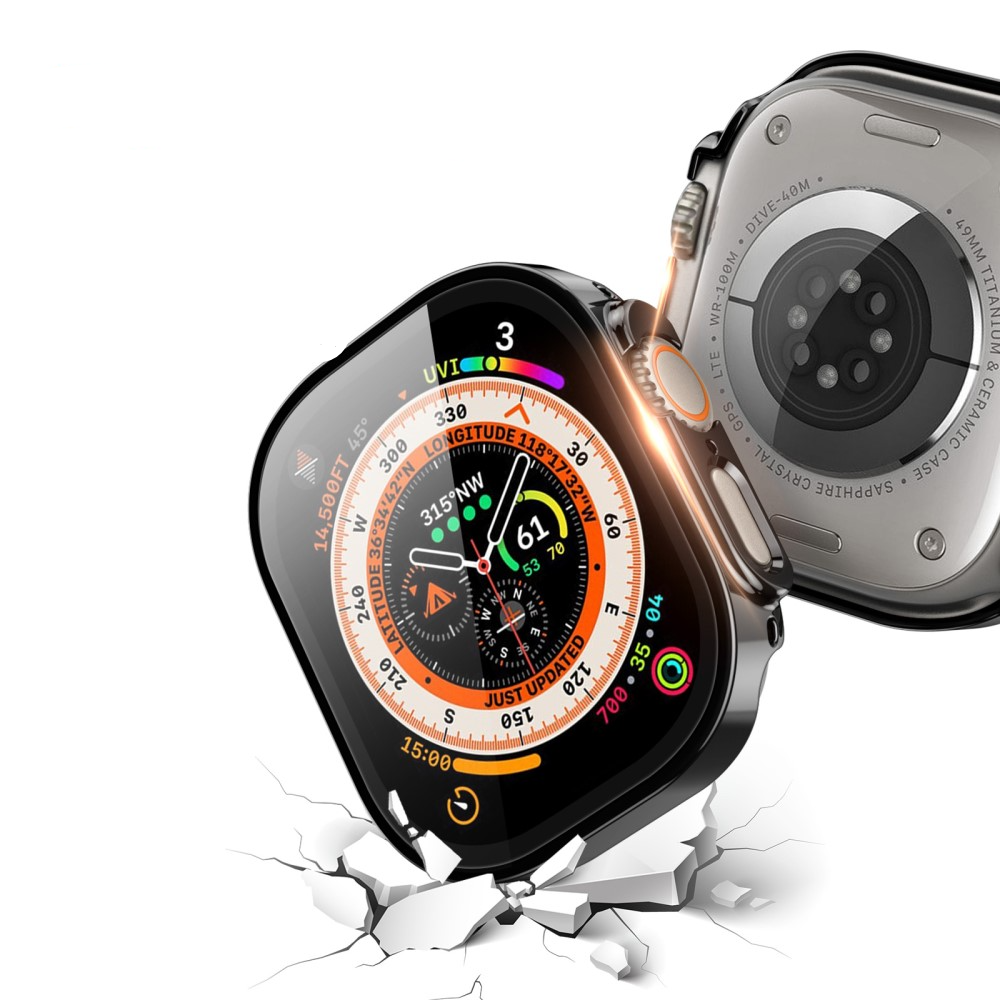 Apple Watch Ultra 3 / Ultra 2 / Ultra (49mm) Hardcase Bumper Hülle mit Galvanisiertem Rahmen   Display Schutzglas - Schwarz