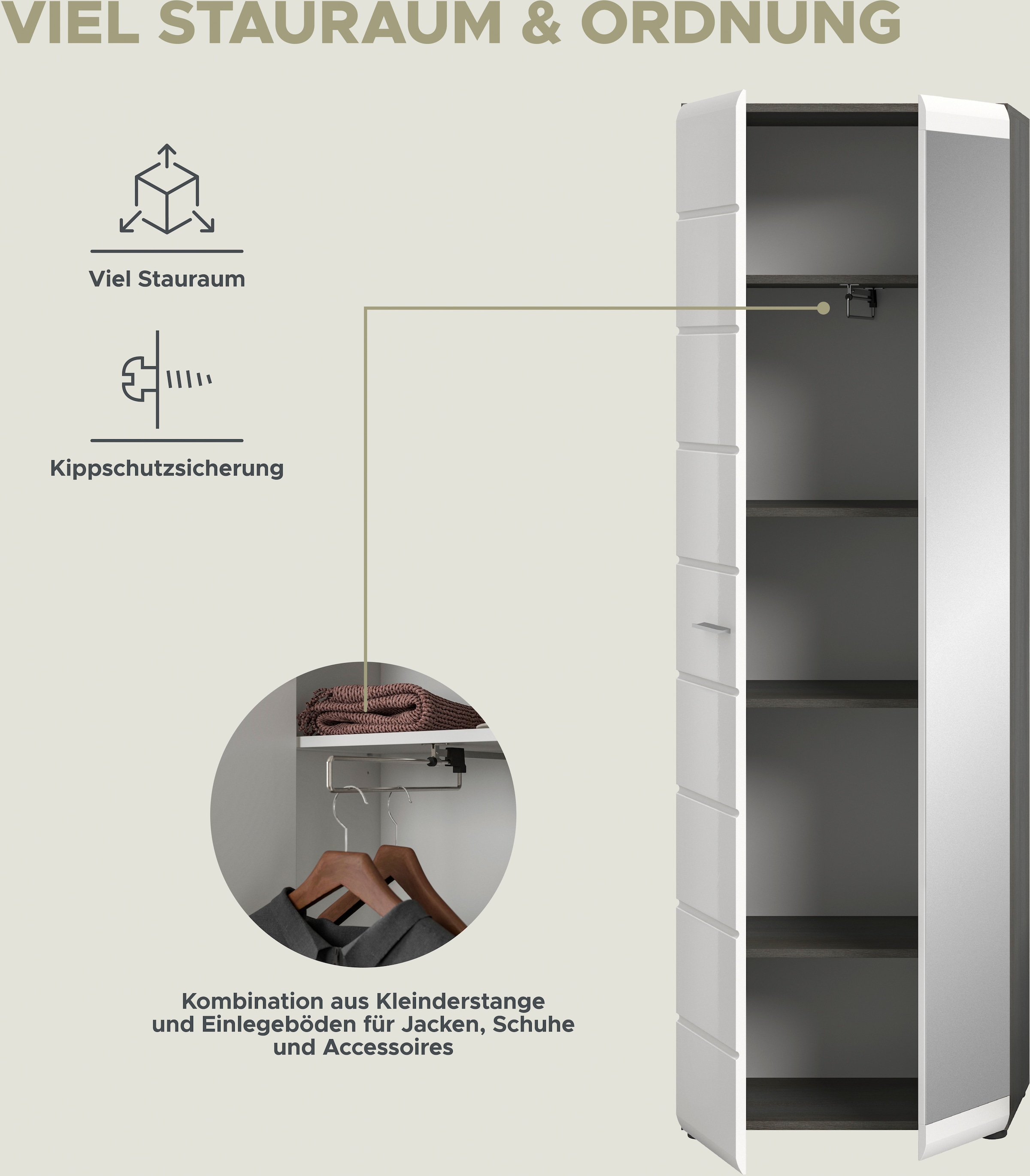 INOSIGN Garderobenschrank »Rumba, Höhe 192 cm, 1 Hochglanz Tür, 1 Spiegeltür, 4 Einlegeböden,« 1 Kleiderstange, Stauraumschrank, Flurschrank, Flurmöbel