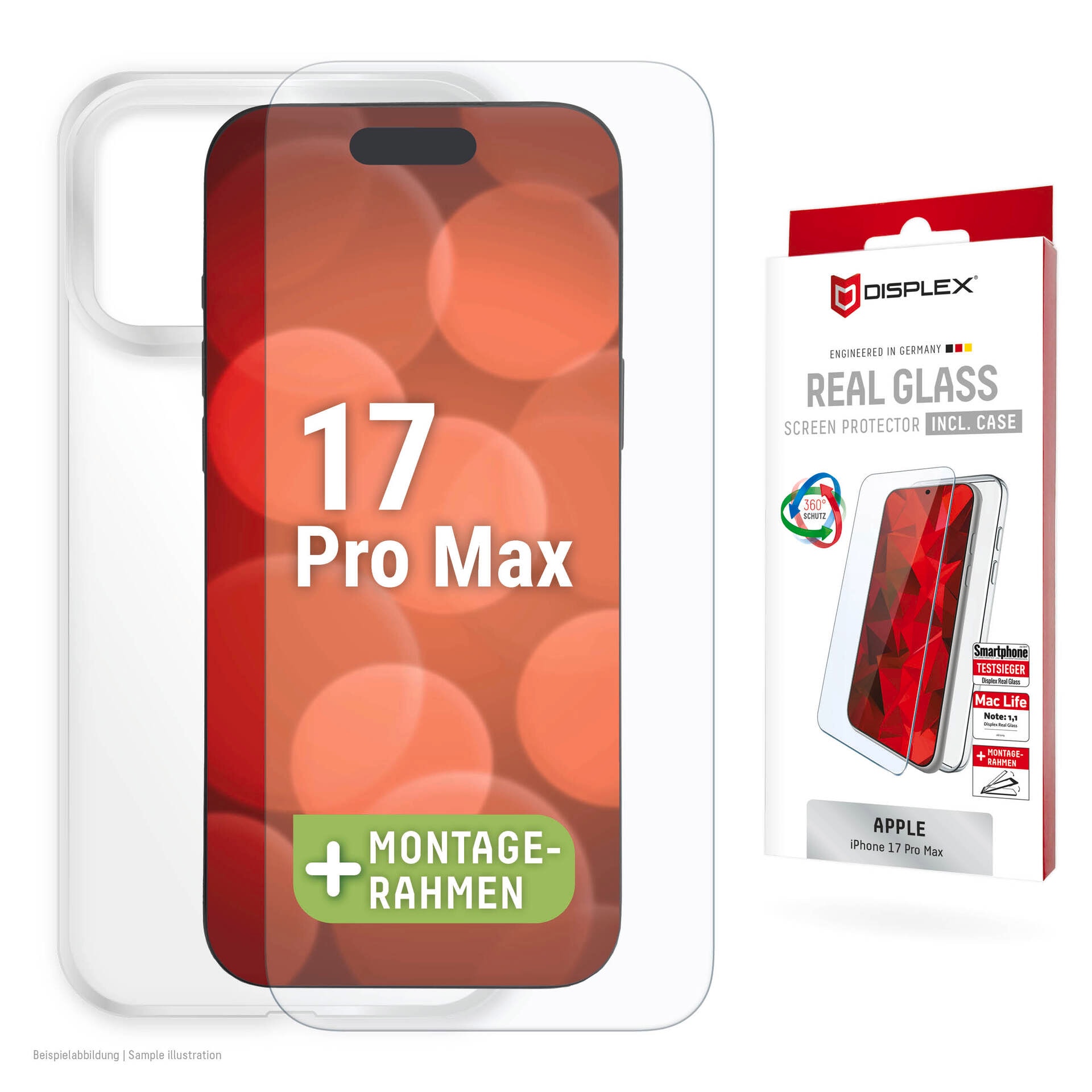 Displex Displayschutzglas »Real Glass Screen Protector inkl. Case« für Apple iPhone 17 Pro Max Displayschutzfolie, Schutzfolie, Bildschirmschutz, kratz- & stossfest