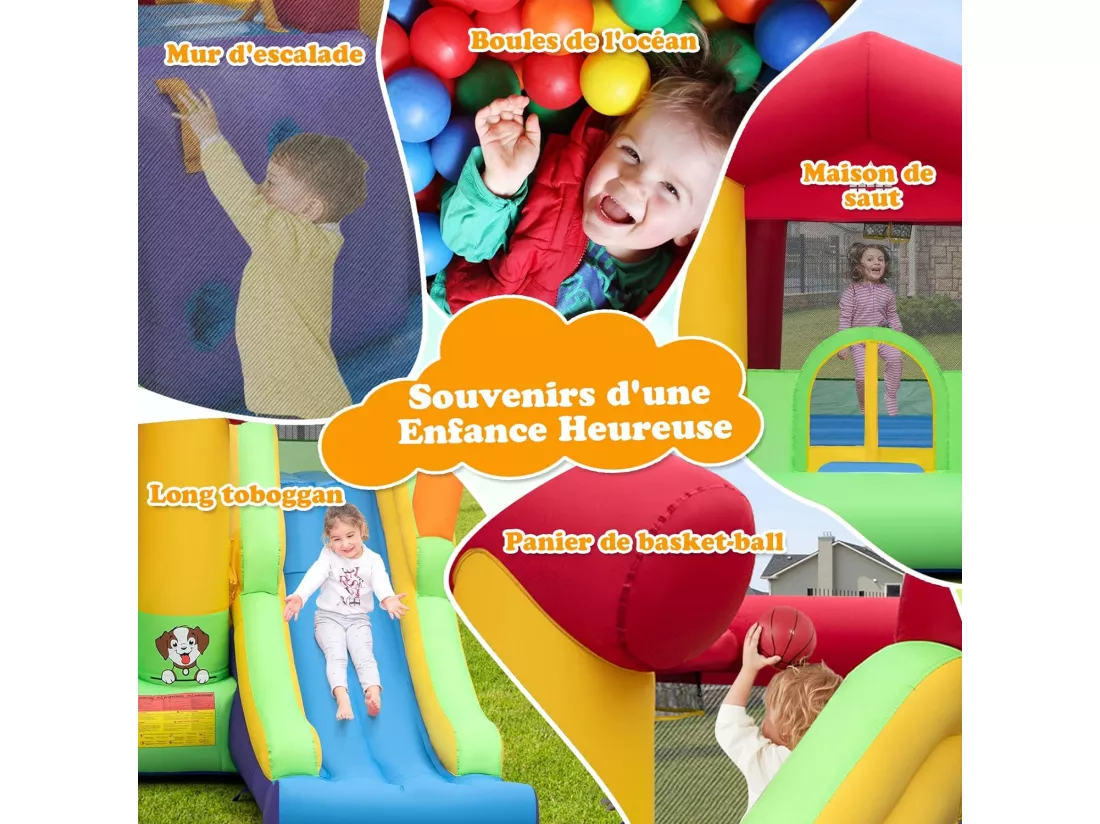 Château Gonflable avec Toboggan et Souffleur 680W, Aire de Jeux Gonflable Intérieur Extérieur avec Panier de Basket-Ball, 50 Balles Océaniques, Maison de Saut pour 3-10 Ans