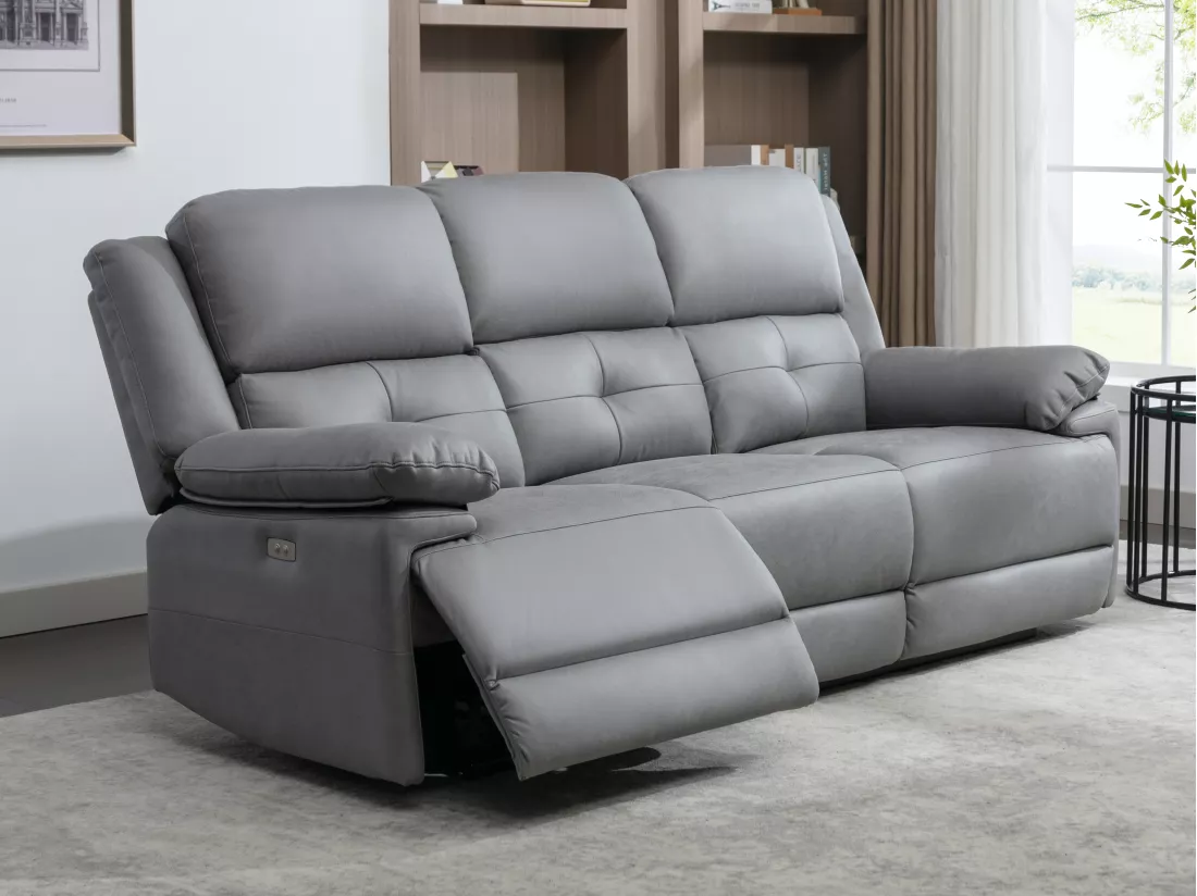 Canapé 3 places relax électrique en tissu gris DOLENE
