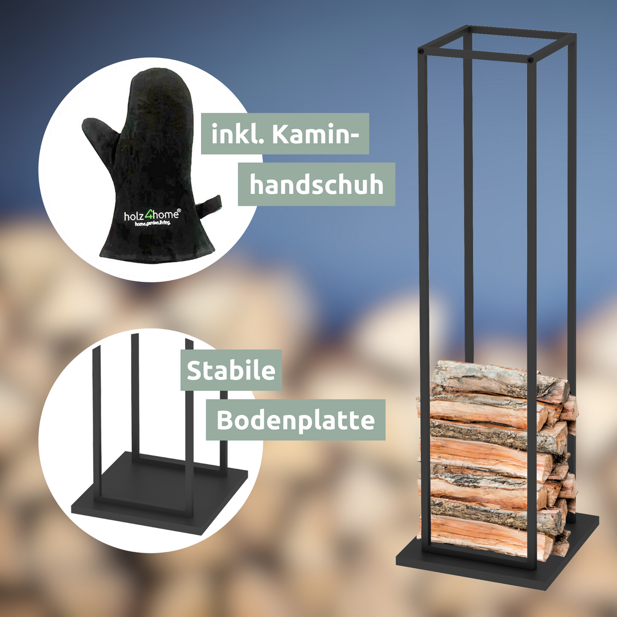 holz4home Haardhoutrek 33x33x115cm Gemaakt van Metaal Zwart Inclusief Ovenwant