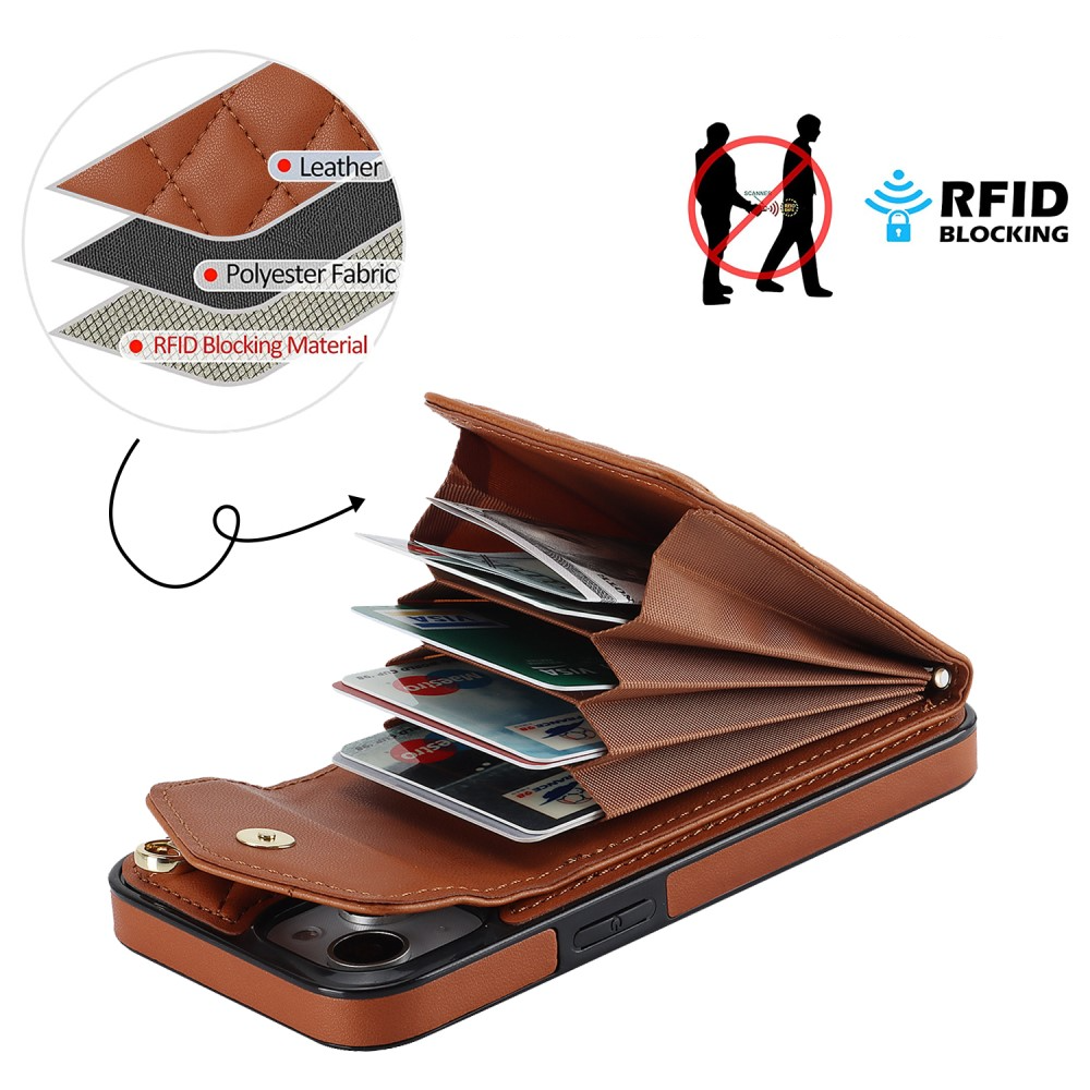 iPhone 15 Necklace Leder Hülle mit Kartenfächer   Finger Griff Halterung   Handykette (RFID Schutz) - Braun