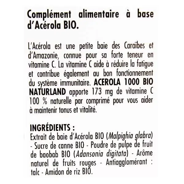 Naturland Acerola 1000 Orgânico 30 comprimidos mastigáveis