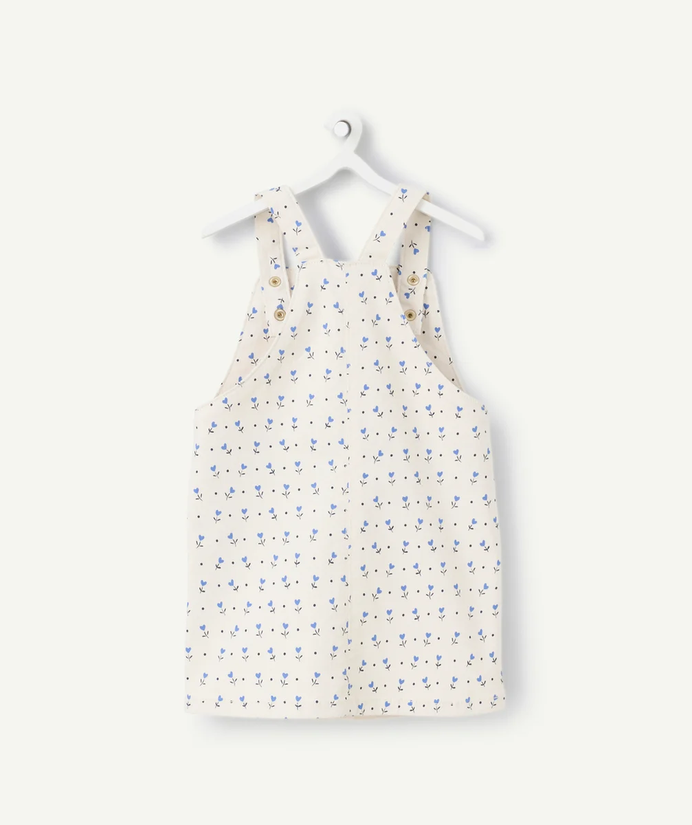 robe salopette bébé fille en fibres recyclées écru avec petites fleurs bleu