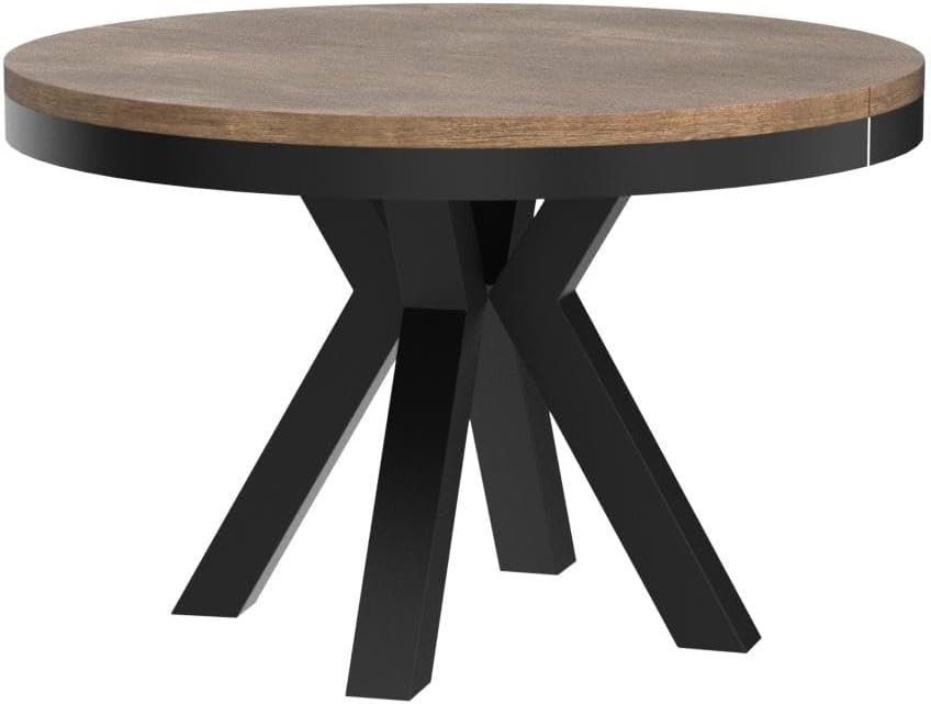 WFL GROUP Runder Ausziehbarer Esstisch im Loft-Stil - Industrieller Tisch mit Schwarzen Metallbeinen - Platzsparender Tisch für Wohnzimmer - Lefkas Eiche - 120 bis 200 cm