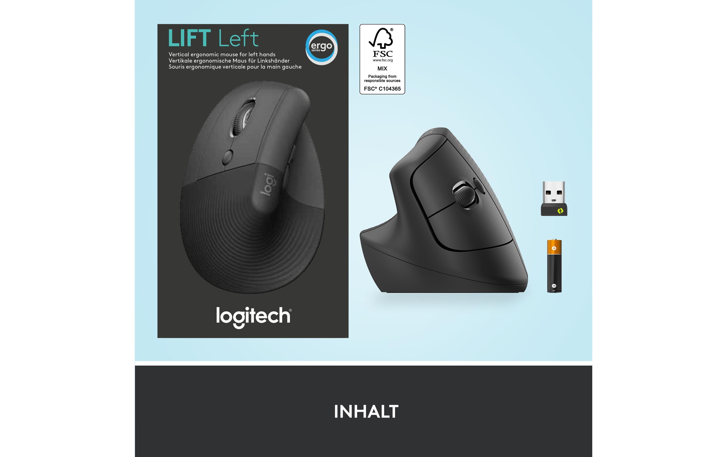 Ergonomische Maus Lift Left GraphiteKomfortable ergonomische Linkshänder-Maus mit vertikalem Design für kleine bis mittelgrosse Hände