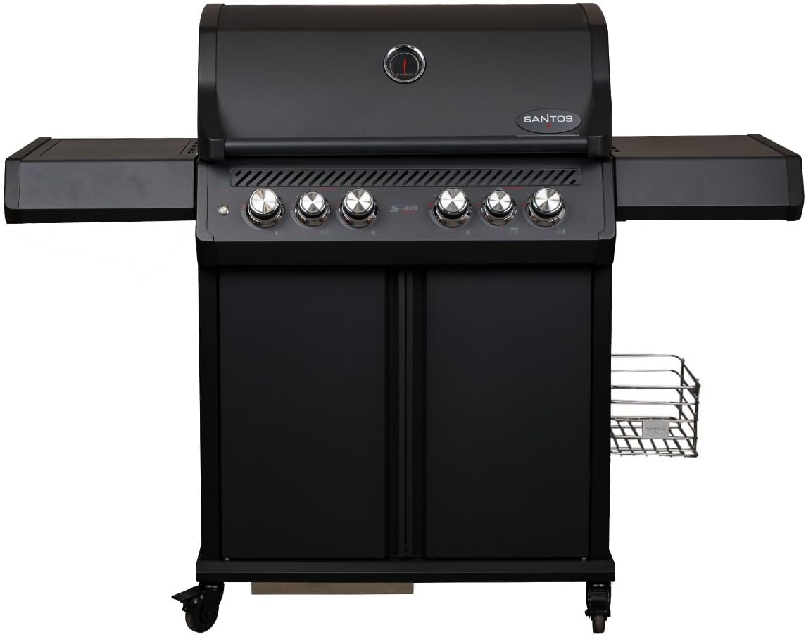 SANTOS S-418 Pro - All Black Edelstahl-Gasgrill - 4 Brenner - Infrarot Seitenbrenner - Heckbrenner - XXL Warmhalterost - Beleuchtung - Top Isolierung