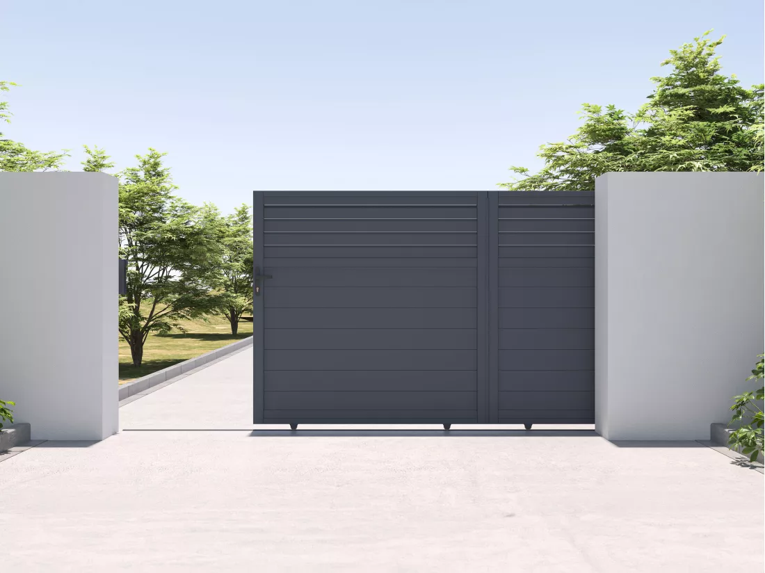 Portail électrique coulissant aluminium persienné L374 x H180 cm anthracite - VIAZO
