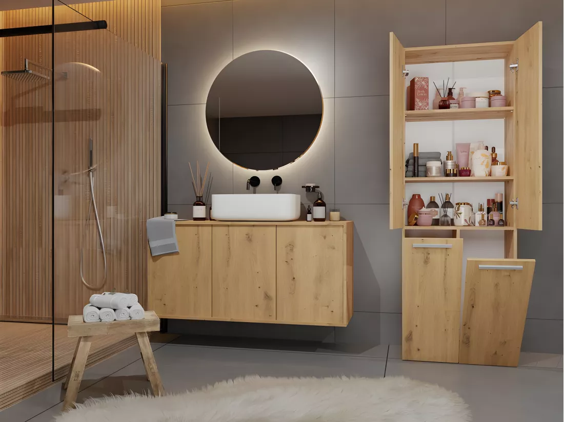ELLOS - Armoire de salle de bain 2 paniers à ligne - Rangement sdb - 174x60x30 - Meuble colonne