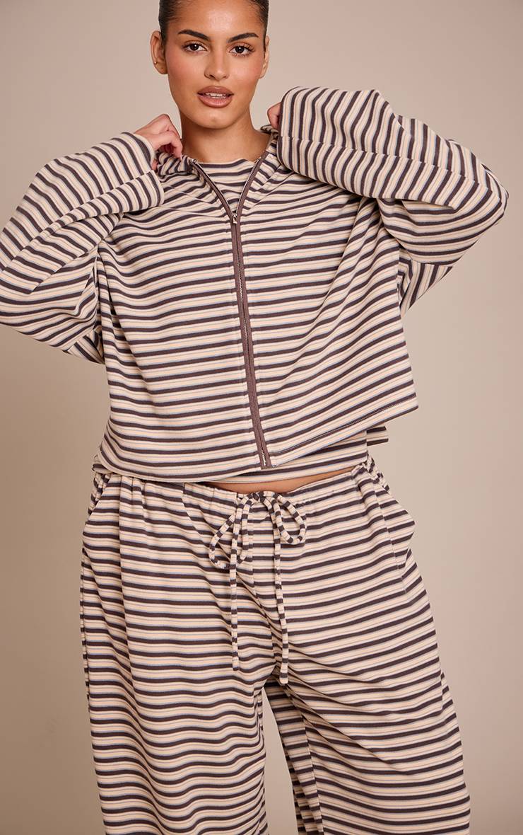 Marron Ensemble Coordonné Grande Taille Sweat À Casynthétiqueche Zippé En Polaire Douce À Rayures