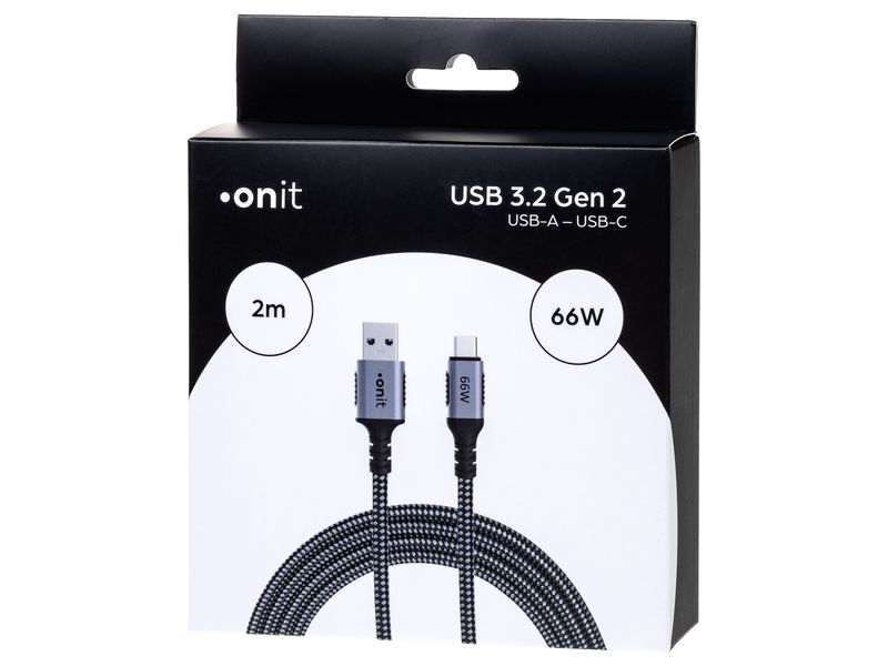 onit USB 3.1-Kabel USB A - USB C 2 m, Grau/Schwarz Verbindungskabel mit geflochtener Nylonummantelung