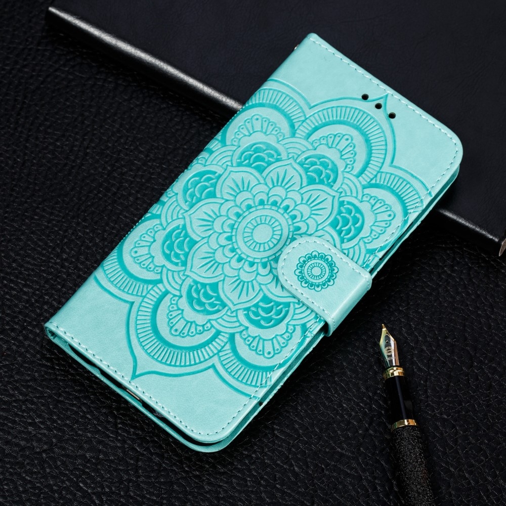 iPhone SE (2022/2020) / 8 / 7 Leder Tasche Wallet - Mandala Flowers Imprint - Türkis