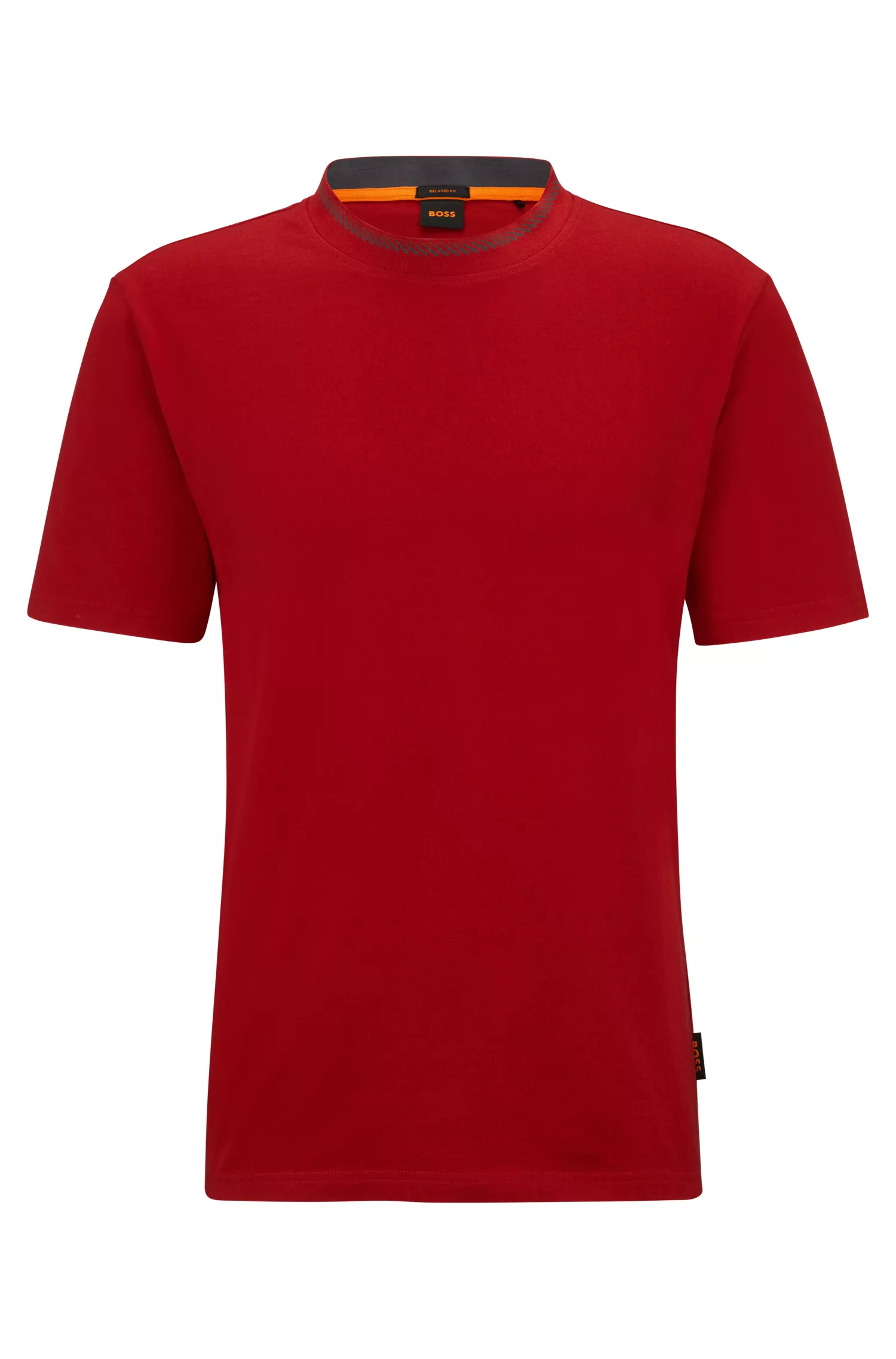 Camiseta BOSS laranja, modelagem relaxada, em malha de algodão com gola detalhada.