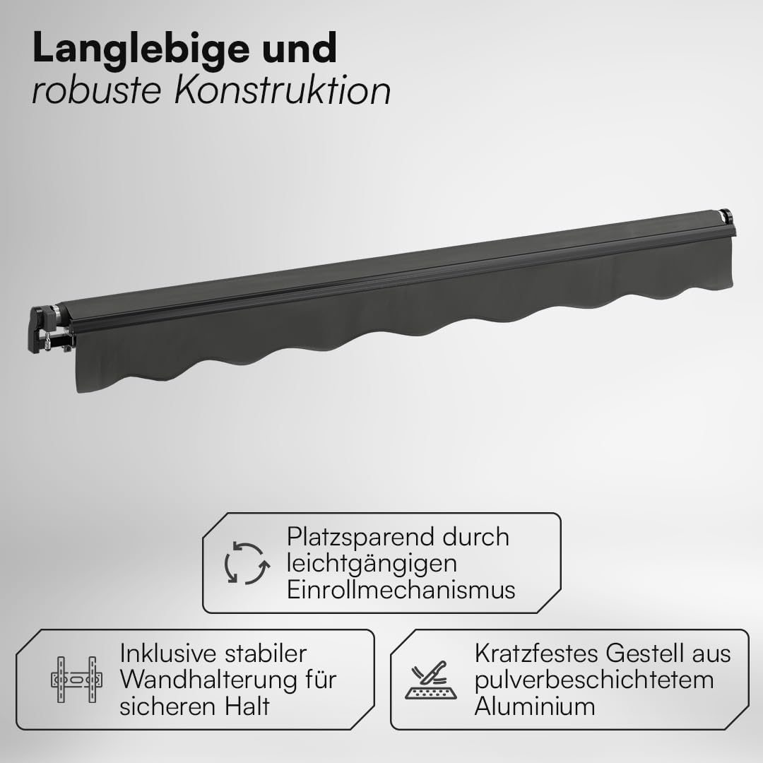 STEELSØN Kestria Markise für Balkon/Dachterrasse/Garten 250x200 cm – Gelenkarmmarkise blickdicht & wetterfest – Außenrollo mit Kurbel aus Kunststoffgewebe – Sonnenmarkise mit Wandhalterung Anthrazit